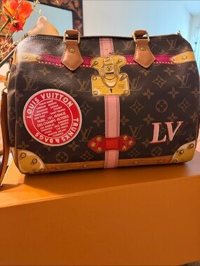 Louis Vuitton Brown Monogram Speedy with Pink and Red Trunk Accents